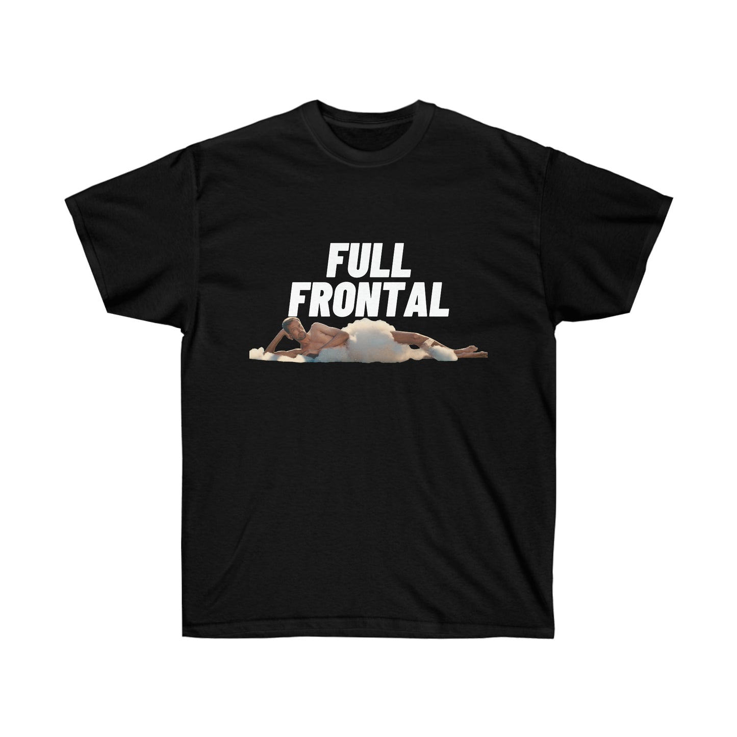 Front of Black Tee with the design Full Frontal from That Peter Crouch Podcast 